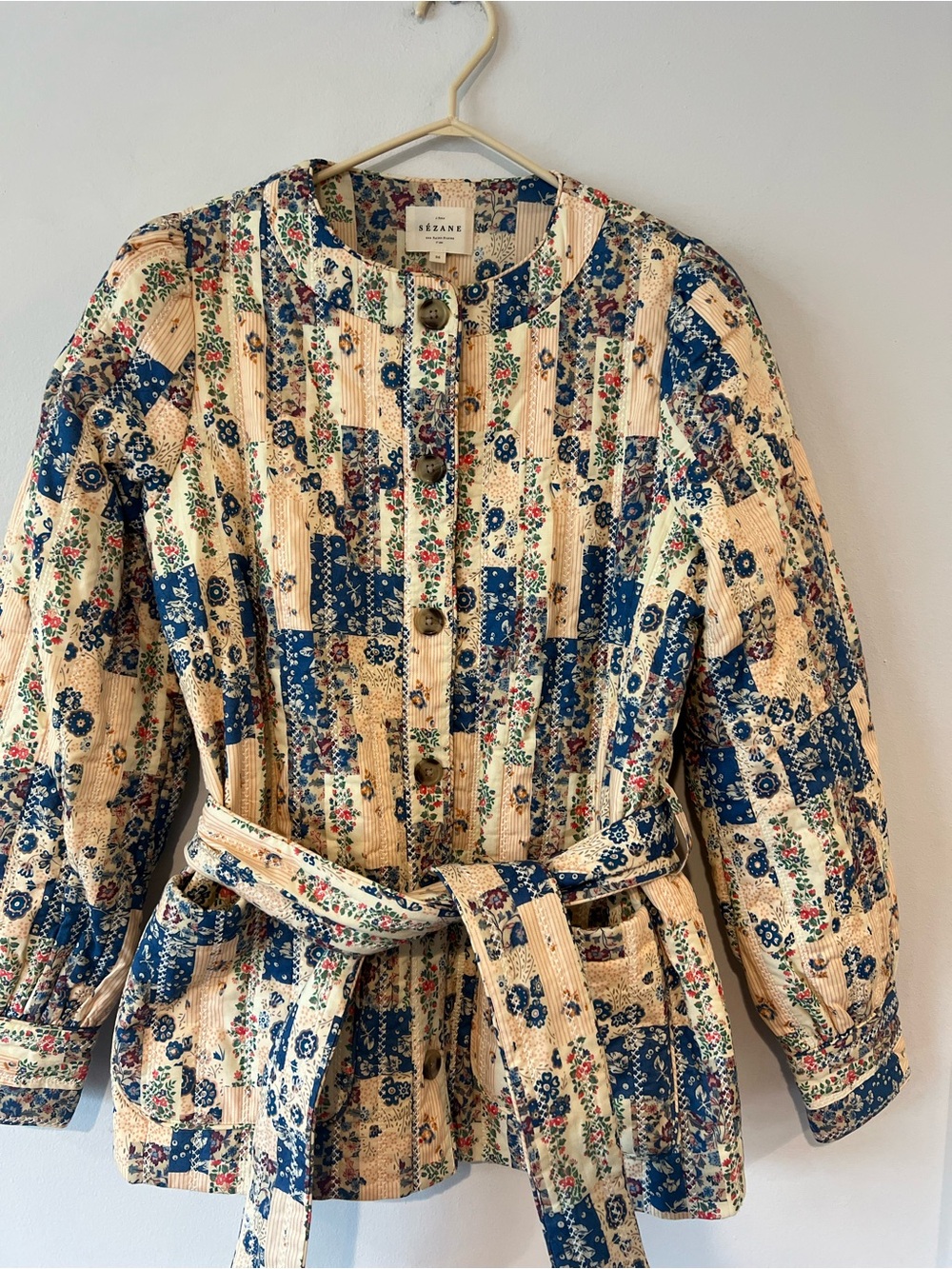 Sezane Leopold Floral Patchwork Quilted Cotton Utility Jacket Cream Blue Size 36